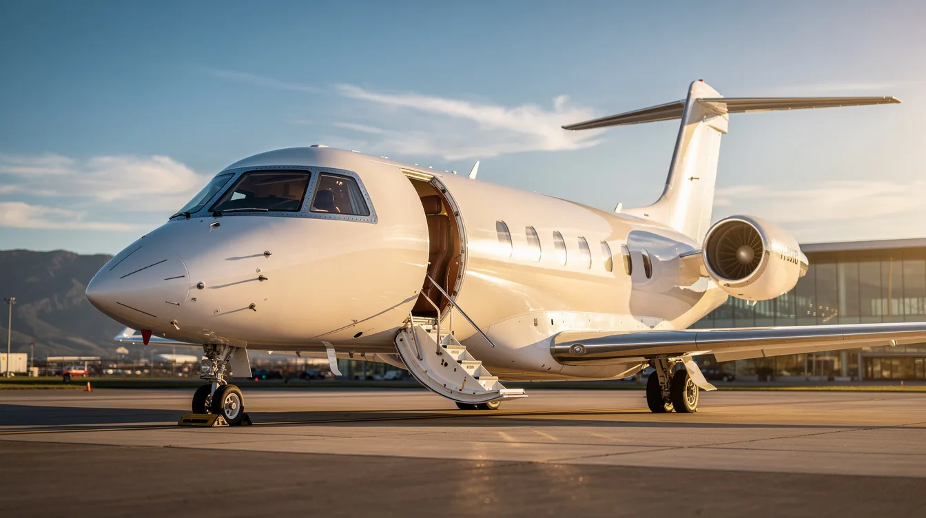 The image depicts a sleek private jet parked on a tarmac, showcasing its large cabin design and modern aesthetics, often associated with executive jet management. This aircraft symbolizes the high-quality life and flexible schedules enjoyed by netjets pilots, who benefit from competitive pilot salaries and ample vacation days.