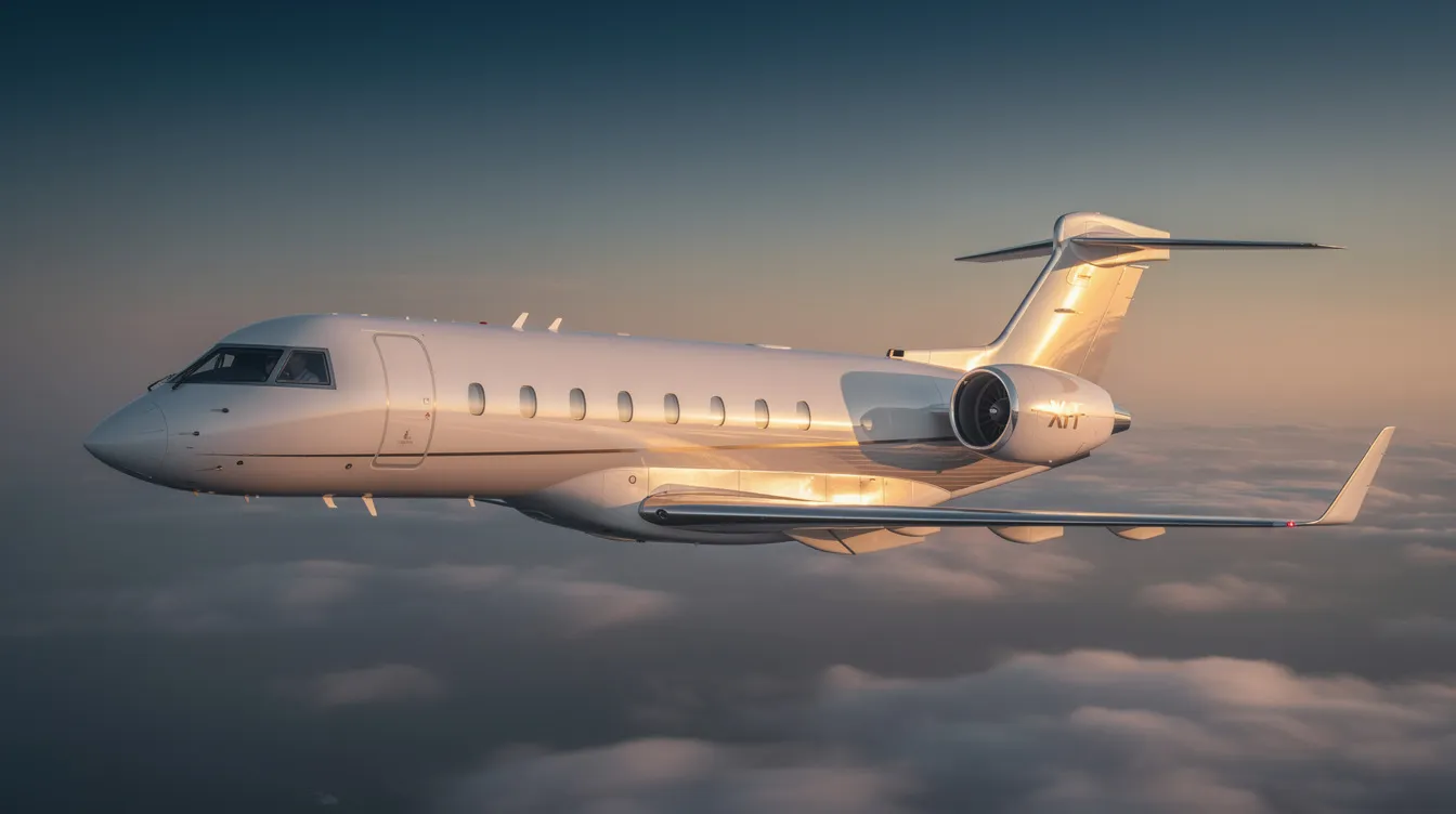 The image depicts a sleek private jet parked on a tarmac, showcasing its large cabin design and modern aesthetics, often associated with executive jet management. This aircraft symbolizes the high-quality life and flexible schedules enjoyed by netjets pilots, who benefit from competitive pilot salaries and ample vacation days.