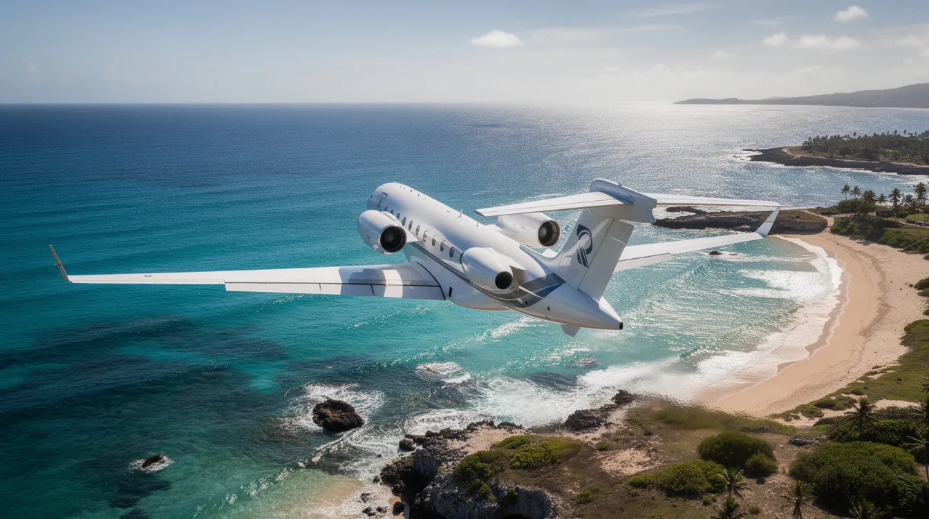 An aerial view captures a private jet soaring over a stunning coastal landscape, where the turquoise water glistens below. This image highlights the allure of private aviation, showcasing the freedom and elegance associated with flying in light jets or larger cabin jets.