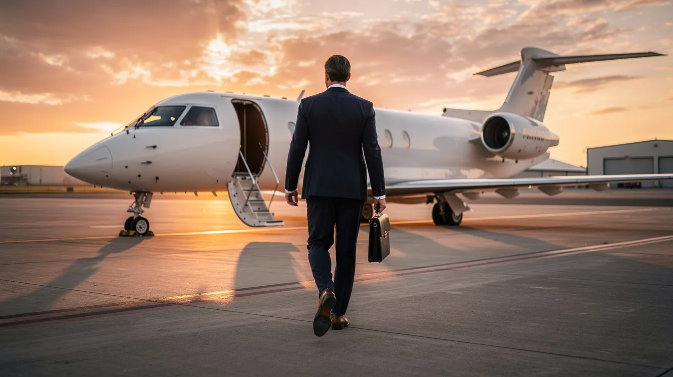 A business professional is walking confidently toward a private jet on an airport ramp, with the warm hues of sunset illuminating the scene. This image captures the essence of private aviation, highlighting the luxury and convenience offered by fractional ownership programs and on-demand charter services.