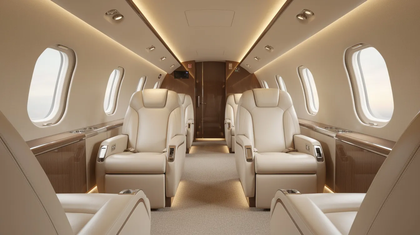 The image depicts the interior of a spacious private jet cabin, featuring luxurious leather seats and soft ambient lighting, designed for comfort and elegance. This setting exemplifies the high standards of private aviation providers, showcasing the premium experience offered by large cabin jets and fractional ownership programs.