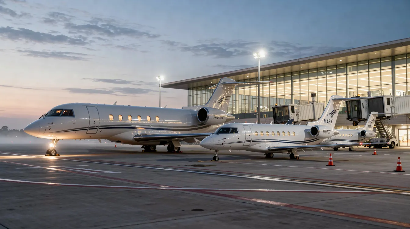A lineup of several private jets of varying sizes is parked at a modern airport terminal, showcasing the diversity of the executive jet management fleet. This scene highlights the premium nature of private aviation, where aircraft owners can access top-tier flight operations and services.