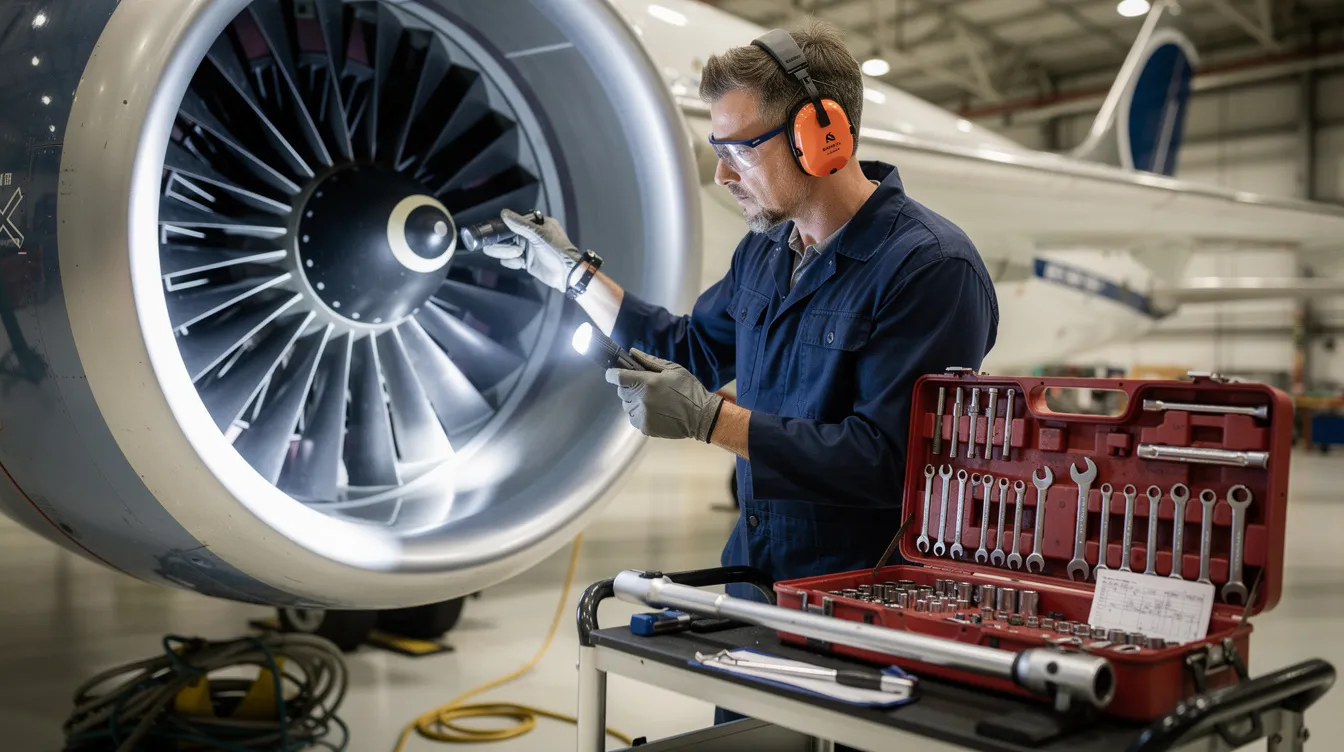 A close-up image shows an aircraft mechanic diligently inspecting a jet engine, surrounded by various tools and maintenance equipment, highlighting the importance of identifying maintenance issues in the aviation industry. This meticulous work is essential for ensuring the safety and reliability of private jets within the NetJets fleet.