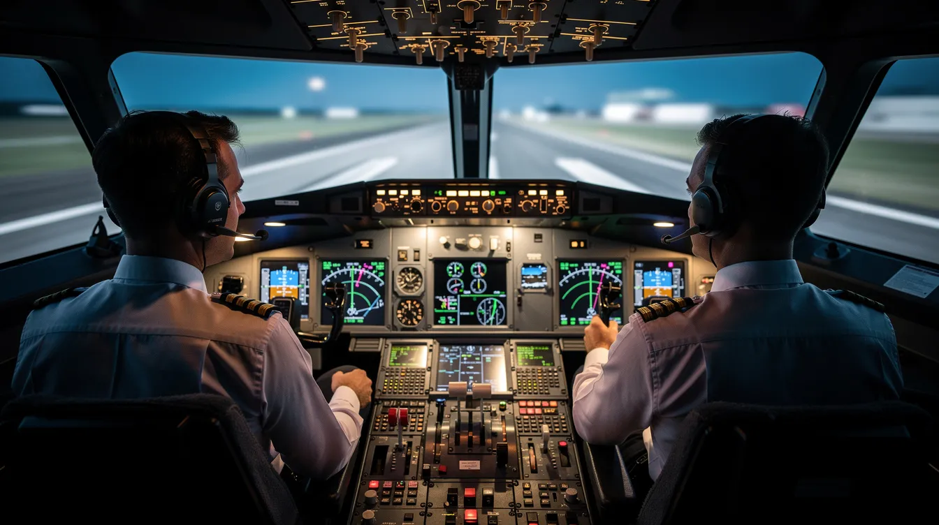 The image depicts two professional pilots seated in a full-motion flight simulator cockpit, with various instrument displays illuminated, showcasing the advanced technology used in private aviation training. This setting emphasizes the importance of recurrent training and safety protocols in the aviation industry, particularly for netjets pilots who prioritize exceptional safety records.