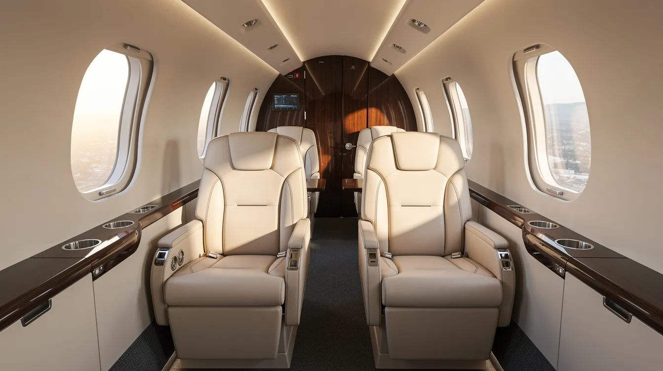 The image depicts the interior of a modern private jet cabin, showcasing luxurious leather seats and ample natural light streaming through the windows. This elegant space reflects the high standards of private aviation, emphasizing the comfort and sophistication associated with netjets aircraft.