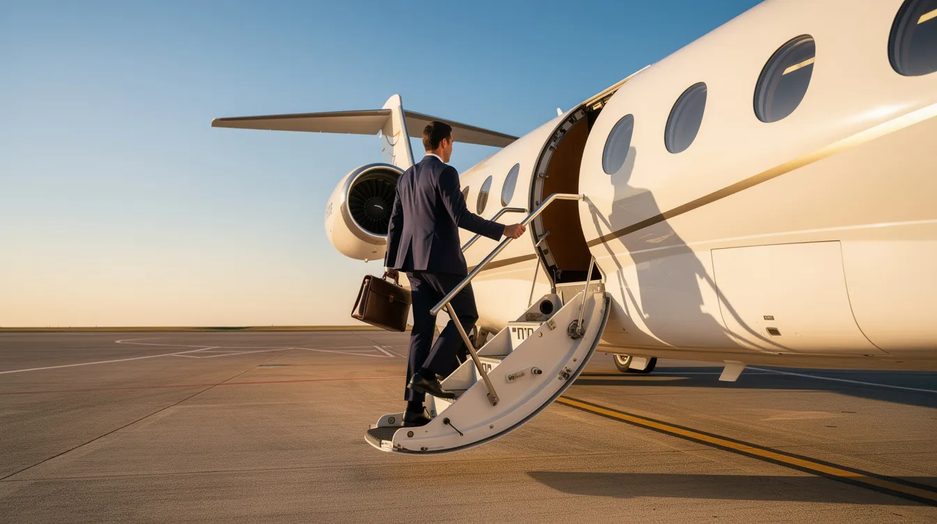 A business professional is seen boarding a private jet via airstairs on a clear day, showcasing the luxury and convenience of private aviation. This image highlights the appeal of owning a private aircraft, allowing for access to smaller airports and the ability to fly longer distances with ease.