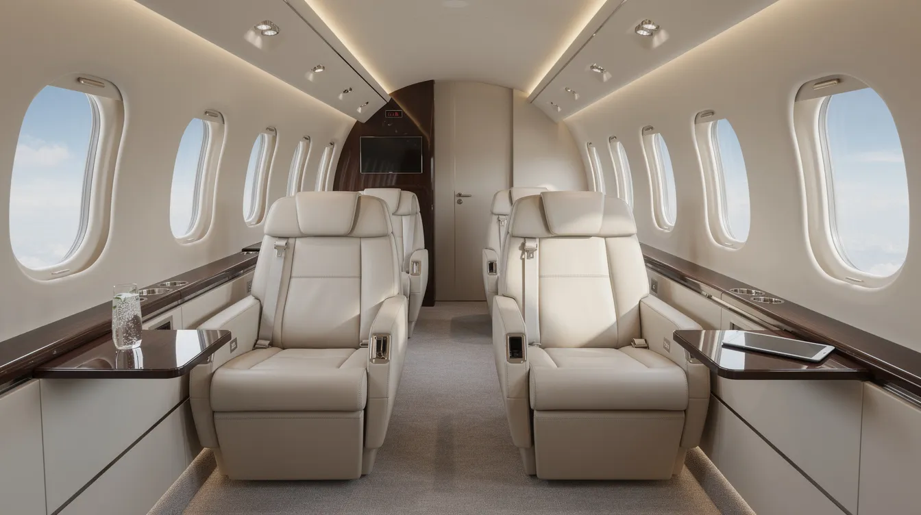 The image shows the interior of a midsize private jet cabin featuring luxurious leather seats and large windows that provide ample natural light. This spacious cabin is designed for comfort and style, appealing to private jet owners seeking a relaxing environment while flying private.