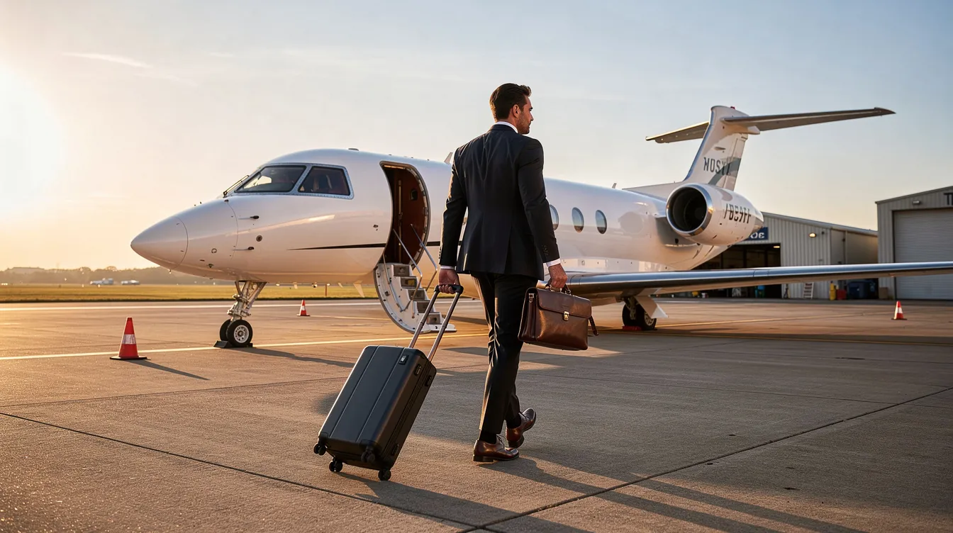 A business traveler is walking toward a sleek private jet on the tarmac of a small regional airport, ready for a private jet flight. The scene captures the essence of private aviation, highlighting the convenience and luxury of chartering a private jet.