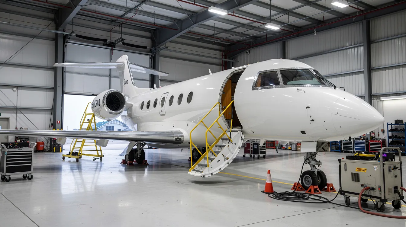 A large private jet is stationed inside a brightly lit aircraft hangar, surrounded by various maintenance equipment, showcasing the world of private aviation. The scene highlights the importance of maintenance costs and operational efficiency for private jet owners and chartering services.