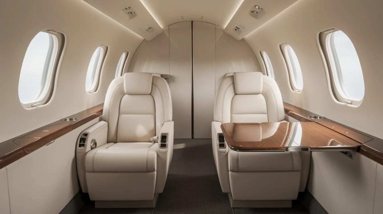 The image depicts the interior of a light jet cabin, featuring plush leather seats arranged in a facing configuration with a small table positioned between them. This luxurious setting is typical of private jet travel, providing comfort and style for passengers.