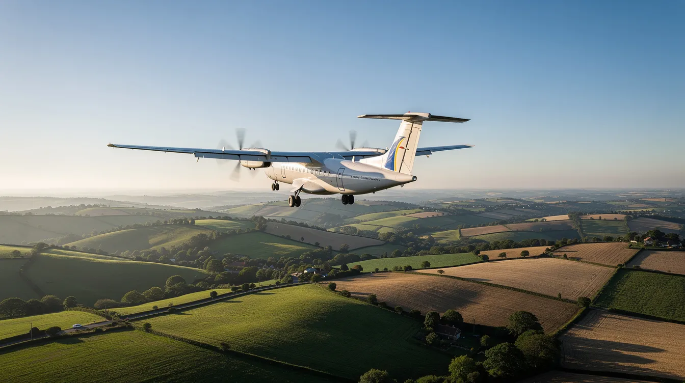 A turboprop aircraft, specifically a King Air E90, is climbing through a clear blue sky, soaring above expansive rolling farmland. This image captures the aircraft in its ascent, highlighting its performance and operational capabilities in favorable weather conditions.