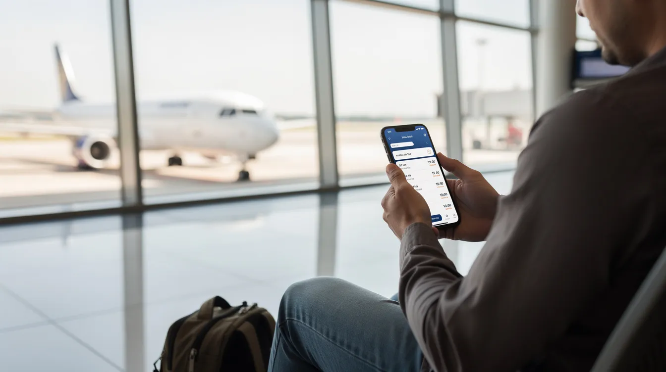 A person is sitting at an airport, using a smartphone to browse flight options, while a small aircraft, possibly a King Air E90, is visible through the window behind them. This scene highlights the considerations of operating costs, including fuel price and maintenance, that are essential for evaluating annual budgets for aircraft ownership.