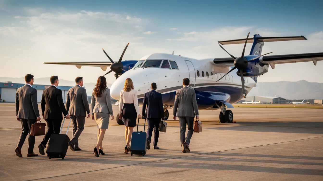 A group of business professionals in formal attire is walking toward a small turboprop aircraft, specifically a King Air E90, parked on an airfield. The scene suggests a focus on operating costs, including fuel price and maintenance, as they prepare for a flight that highlights the aircraft's performance and range.