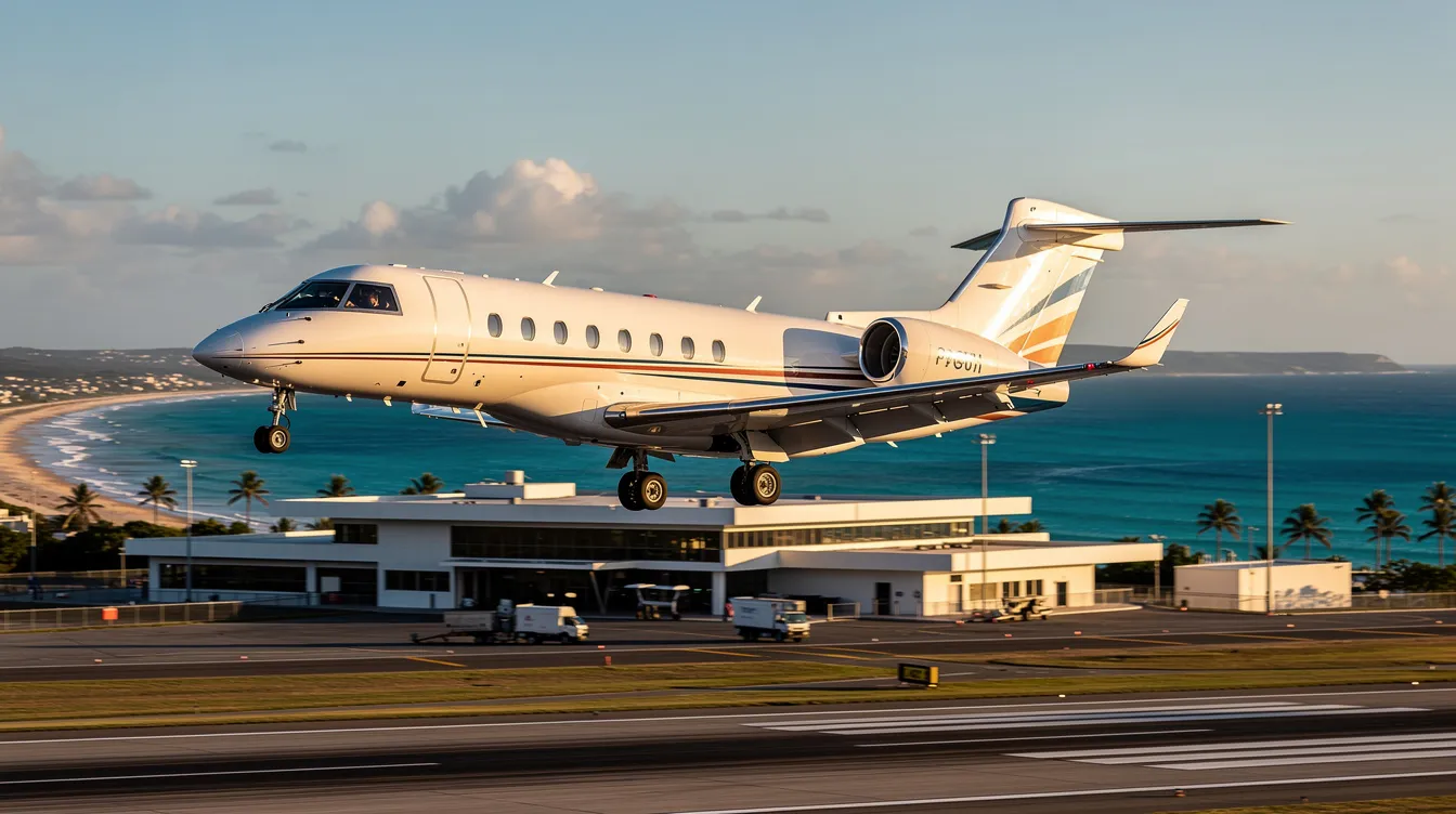 A small private jet is landing at a coastal regional airport, with the vibrant turquoise water of the ocean visible in the background, showcasing the luxury and accessibility of private aviation services. This scene highlights the convenience of charter flight services for travelers seeking personalized air travel experiences.