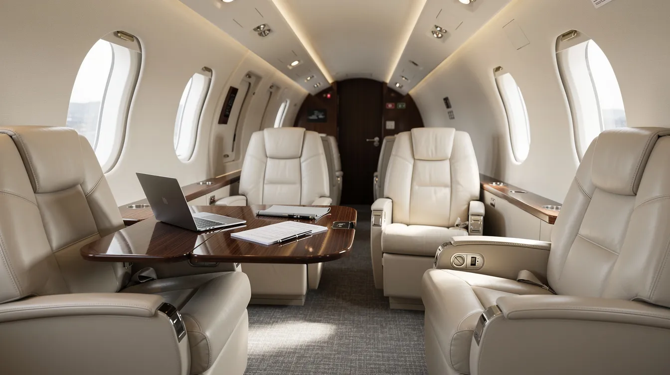 The image depicts the interior of a midsize private jet cabin, featuring luxurious leather seats and a sleek work table, ideal for business travelers seeking comfort and convenience in the private aviation industry. This elegant space highlights the amenities and personalized service offered by charter flight services for high net worth individuals.