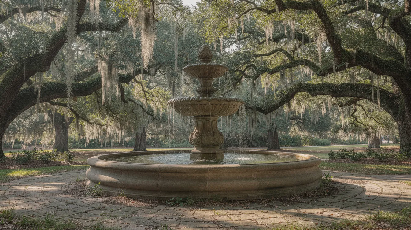 The image depicts a large ornate fountain surrounded by live oak trees adorned with Spanish moss, set within a lush park that exudes southern charm. This serene scene captures the essence of Savannah's historic district, inviting visitors to enjoy the flourishing gardens and relaxed atmosphere.