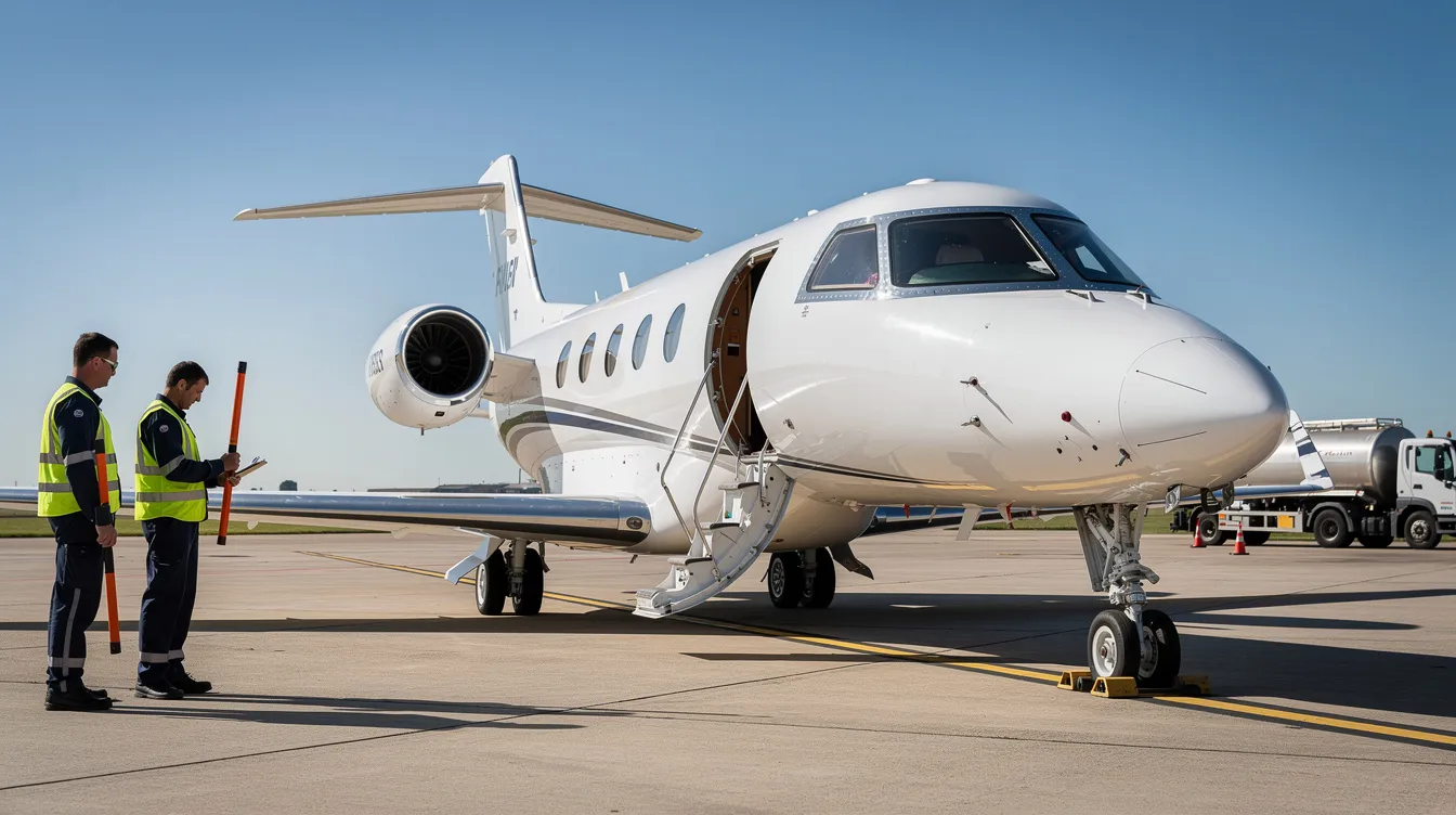 A small white private jet is parked on a tarmac, surrounded by ground crew members under a clear blue sky, highlighting the luxury of private flight in Savannah, GA. The scene captures the essence of a bustling airport environment, perfect for travelers seeking a charter flight experience.