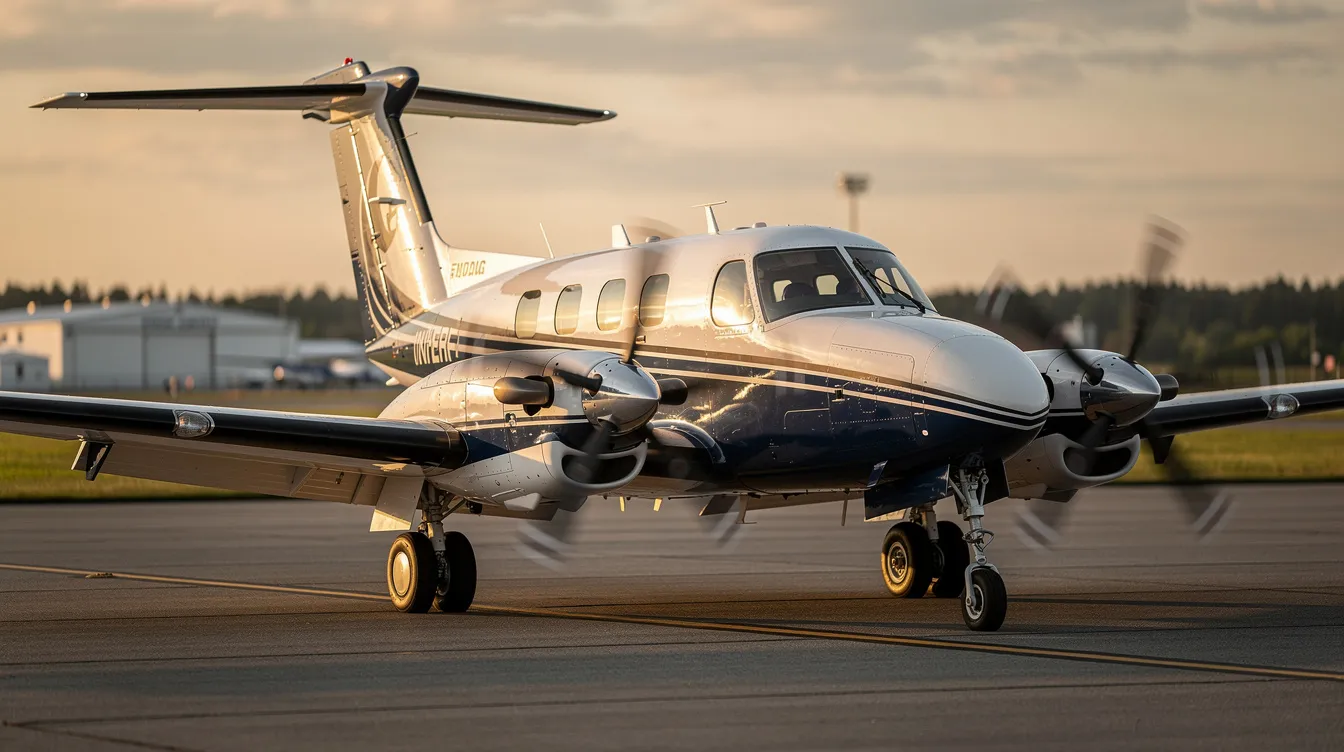 The image features a Piper Navajo, a cabin class twin-engine aircraft known for its spacious fuselage and ability to accommodate passengers and cargo. This model, powered by Lycoming engines, is often used in flight training and personal missions, showcasing its versatility and operational efficiency.