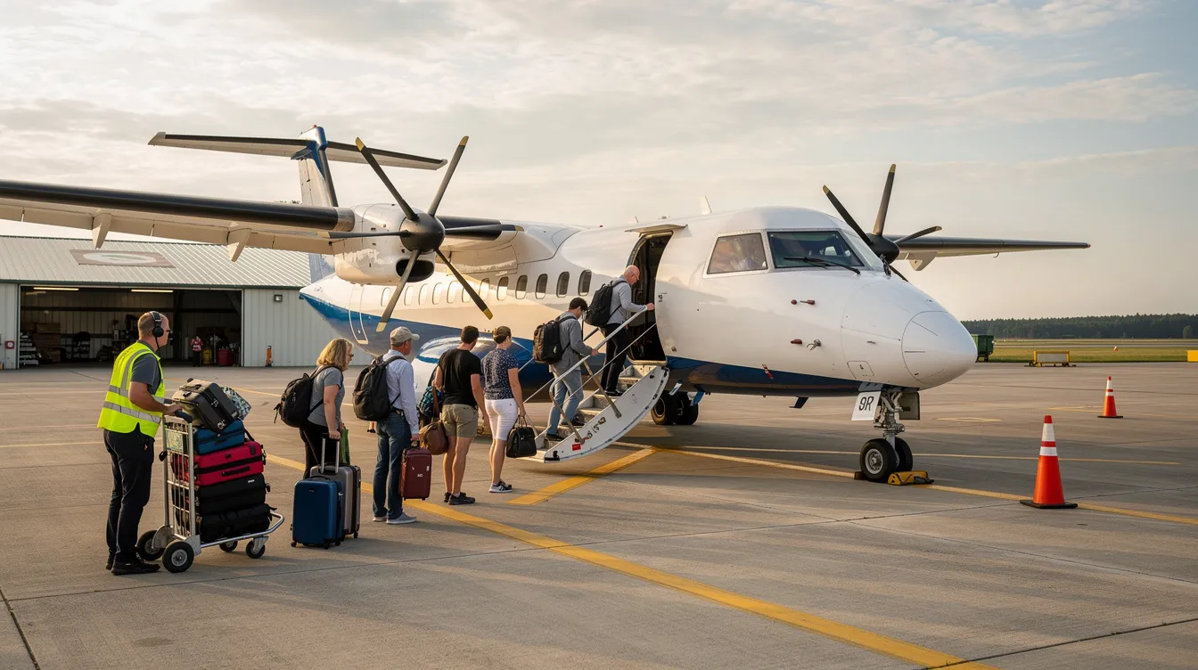 Passengers are boarding a twin-engine propeller aircraft, specifically a Piper Navajo, at a small regional airstrip, while luggage is being loaded onto the plane. The scene captures the excitement of flight training and travel, highlighting the aircraft's cabin class and its useful load capacity.
