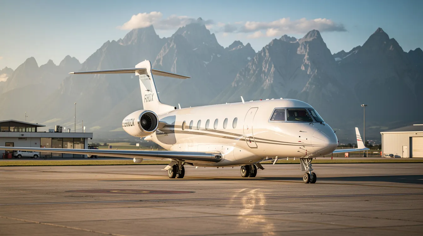 A sleek private jet is parked on a tarmac at a small regional airport, with majestic mountains in the background, highlighting the luxurious experience of air travel. This scene evokes the allure of booking flights for both domestic trips and international travel, perfect for those seeking great deals on airline tickets.