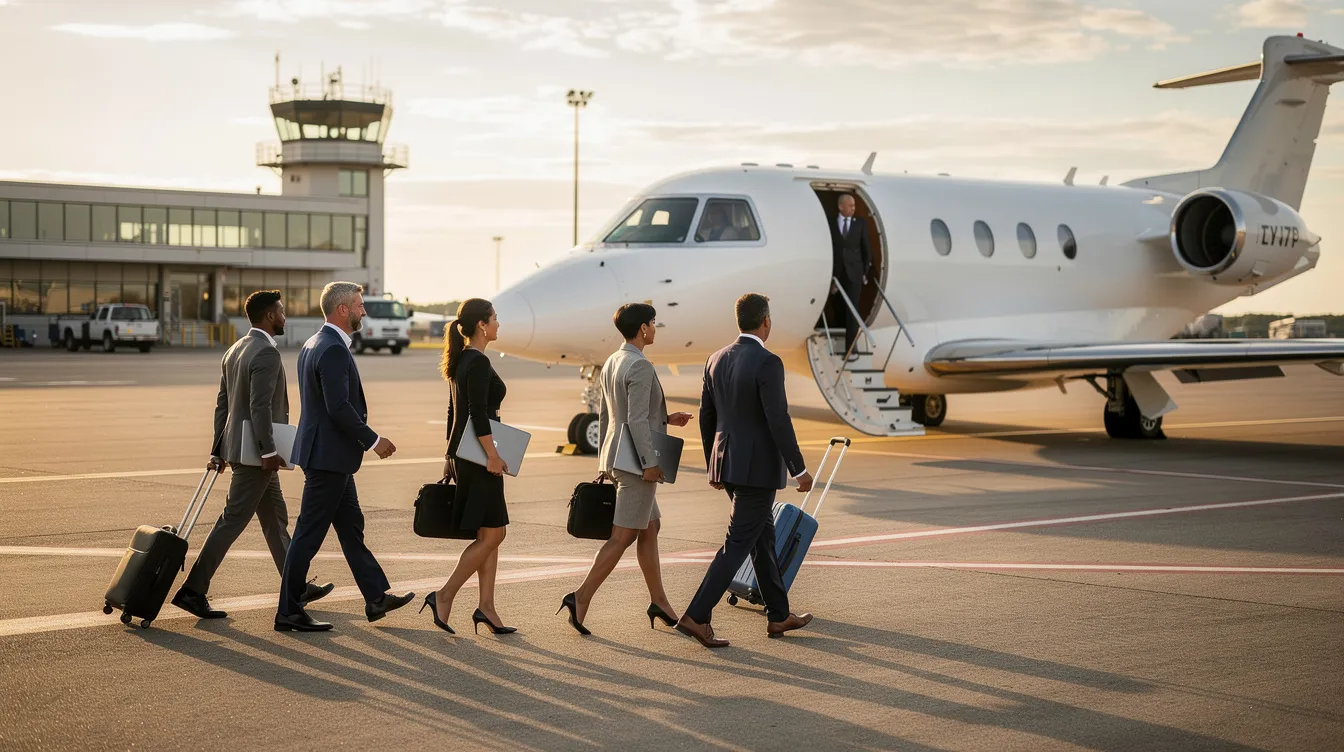 A group of business professionals is walking towards a small private aircraft at a regional airport, ready for their next international trip. This scene captures the essence of air travel, highlighting the importance of planning ahead to book flights and find great deals on airline tickets.