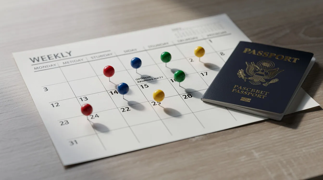 A weekly calendar page filled with colorful pins marking various travel dates is placed on a desk next to an open passport, symbolizing the planning of both domestic and international trips. This setup suggests it's the best time to book flights, highlighting the importance of tracking flight prices and finding great deals for future travels.