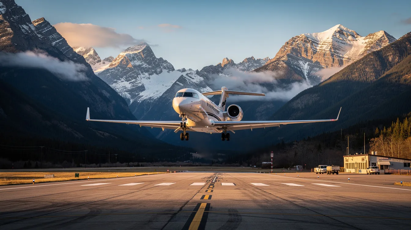A sleek private jet is landing at a small regional airport, with majestic mountains in the background. This scene captures the essence of luxury air travel, ideal for those looking to book cheap flights for their next getaway.
