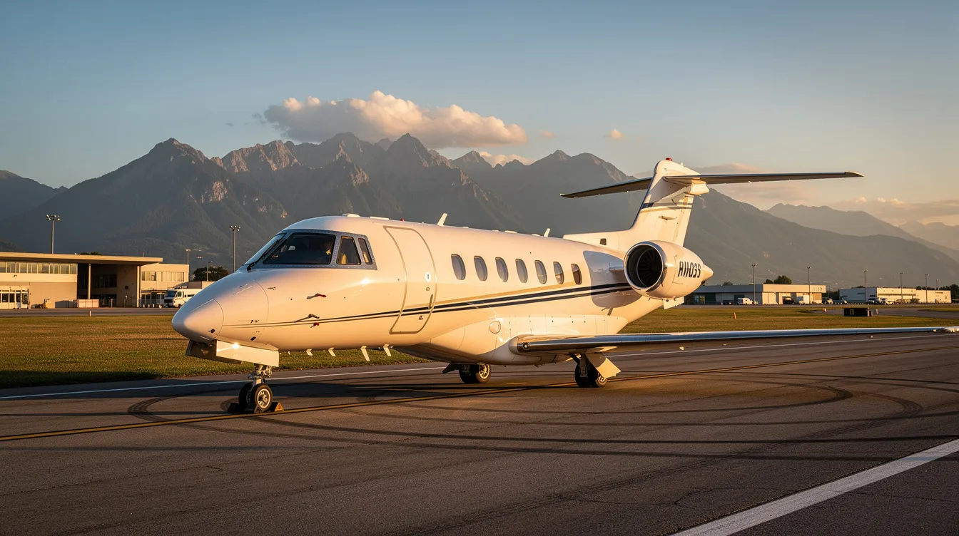 A small private jet is parked on a quiet regional airport runway, with majestic mountains in the background. This serene scene captures the essence of domestic and international travel, where travelers can find cheap flights and enjoy the beauty of nature.