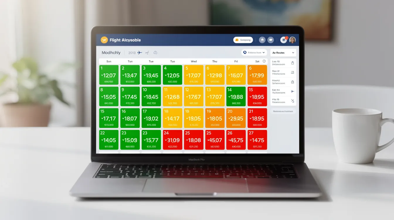 The image shows a laptop screen displaying a calendar view filled with colorful price indicators that highlight varying flight costs across different days, helping users to track flight prices and find cheap flights for their travel dates. This visual aids in identifying the best deals on airline tickets, as prices fluctuate constantly throughout the week.