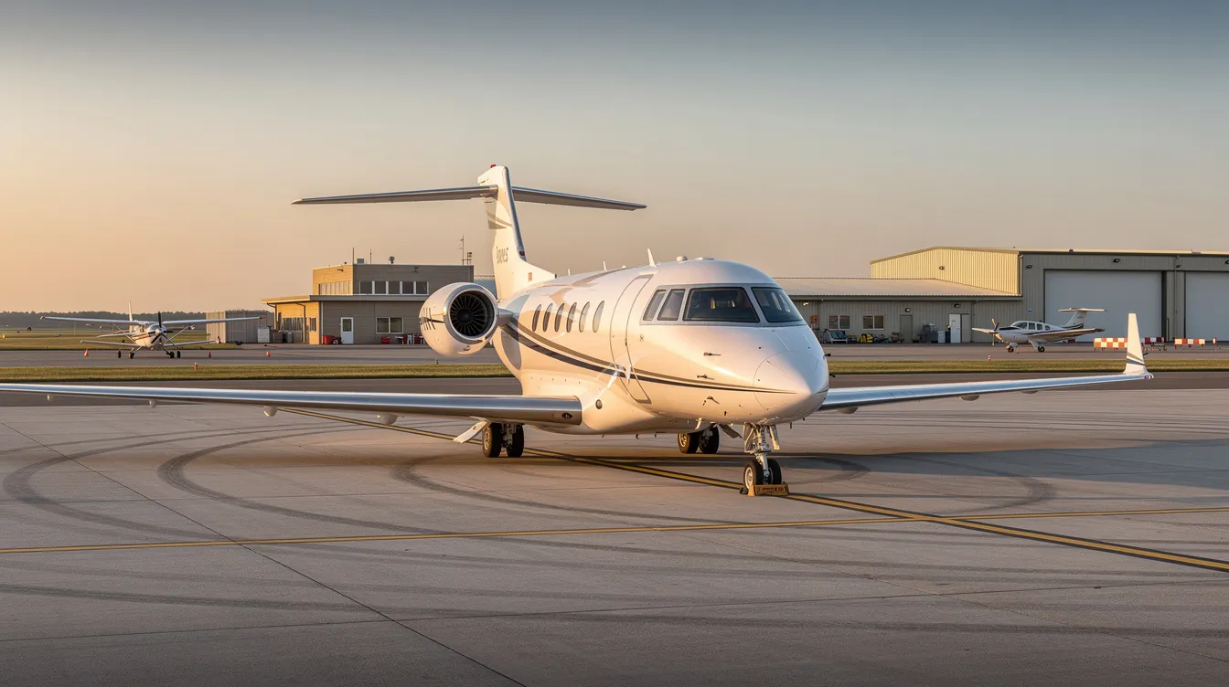A sleek private jet is parked on the tarmac of a small regional airport, showcasing the luxury of air travel. This image highlights the appeal of booking international flights and domestic trips for those seeking comfort and convenience in their travel experiences.