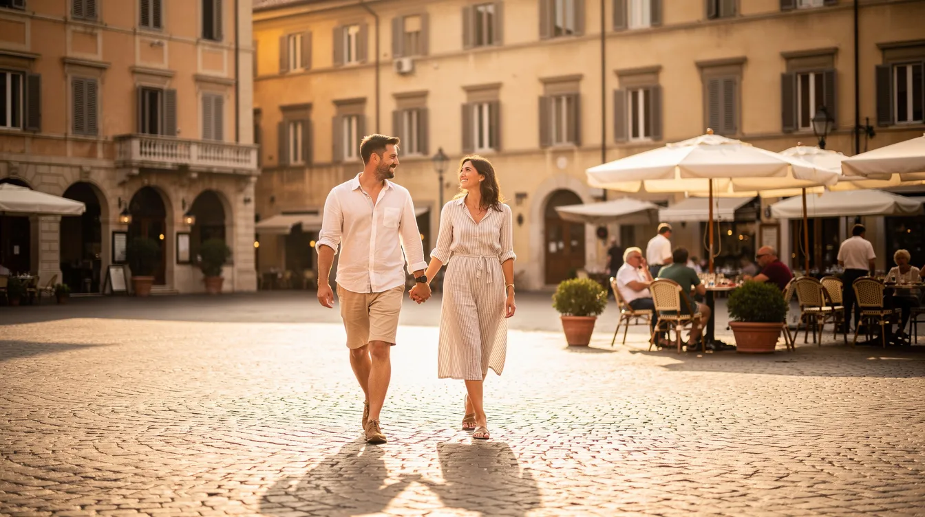 A couple strolls hand-in-hand through a sunlit European piazza, surrounded by outdoor café tables and vibrant architecture, evoking a romantic atmosphere perfect for planning international trips or booking flights. The scene captures the essence of leisure travel, inviting viewers to consider the best time to book flights for their next adventure.