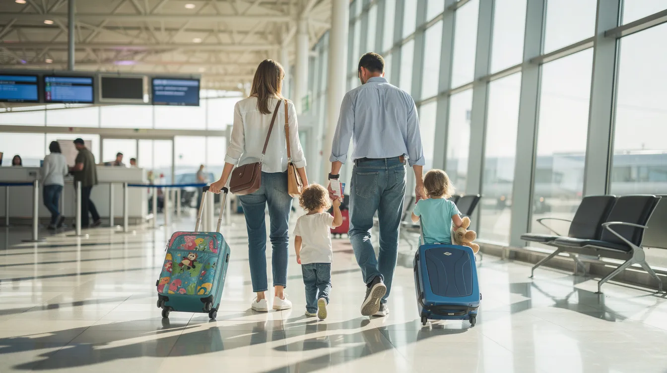 A family is seen walking through a bright and modern airport terminal while carrying their luggage, ready for their journey. This bustling scene captures the excitement of travel, whether for domestic trips or international flights, as families often look for the best deals on airline tickets.