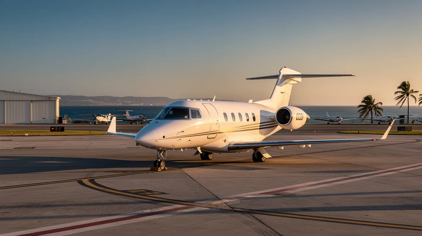 A small private jet is parked on the runway of a coastal general aviation airport, providing a convenient option for travelers looking to fly to destinations like Ocean Isle Beach or Myrtle Beach. The scene captures the tranquility of the airport, ideal for private pilots seeking a pleasant trip to nearby airports.