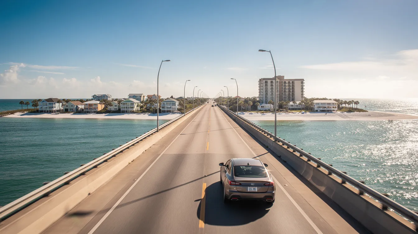 A car is driving across a bridge on a sunny day, heading towards Ocean Isle Beach, a charming barrier island town. The scene captures the anticipation of travelers as they approach this vacation destination, known for its pleasant atmosphere and proximity to nearby airports like Myrtle Beach Airport and Wilmington International Airport.