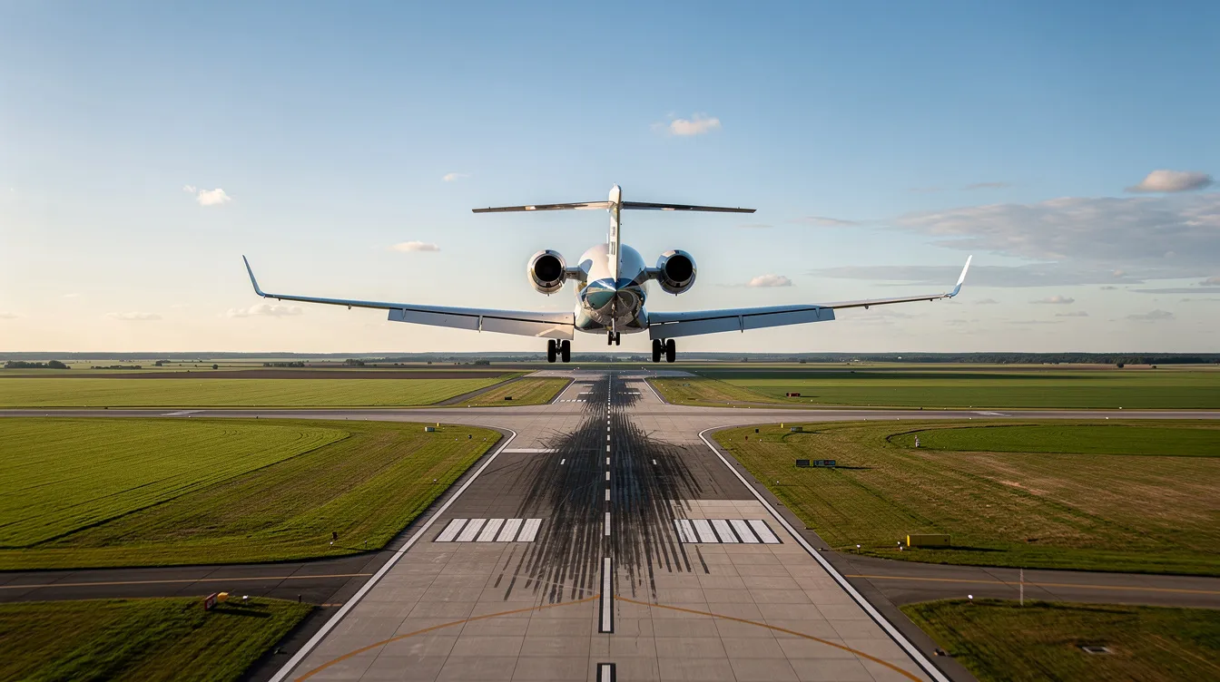 A light jet aircraft is captured in flight, approaching a regional airport located in Gonzales, Louisiana, with flat green terrain and a visible runway below. The scene conveys a tranquil moment during dusk, highlighting the airport's proximity to Baton Rouge and New Orleans.