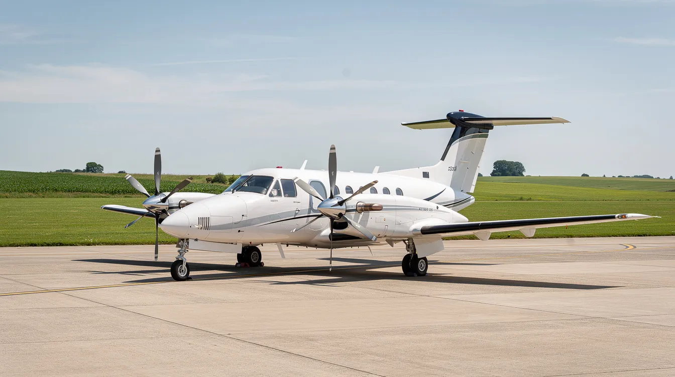 A private turboprop aircraft is parked on a small airport ramp surrounded by flat green fields on a clear day, typical of a Louisiana regional airport in Gonzales. The serene setting highlights the aircraft's sleek design against the vibrant landscape, emphasizing the tranquil atmosphere of this regional location.