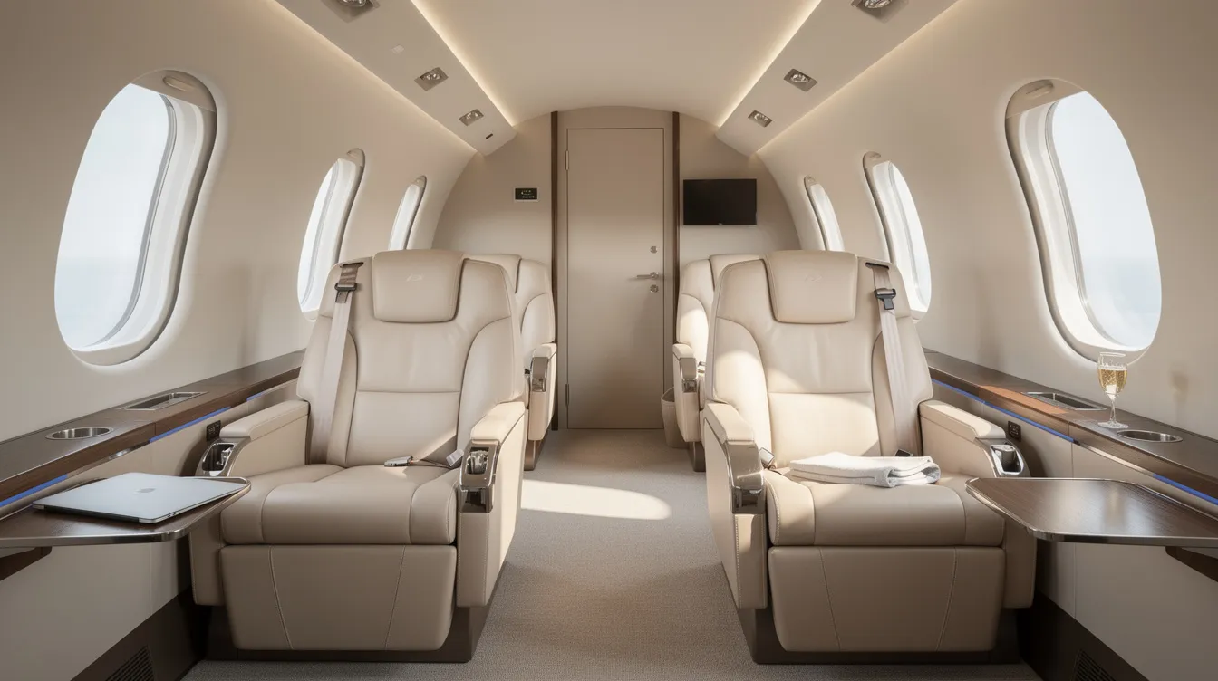 The image showcases the interior of a modern private jet cabin, featuring plush leather seats and an abundance of natural light streaming through large windows, creating a serene and luxurious atmosphere. This private space is designed for comfort and exclusivity, ideal for a very private person seeking a tranquil environment while traveling.