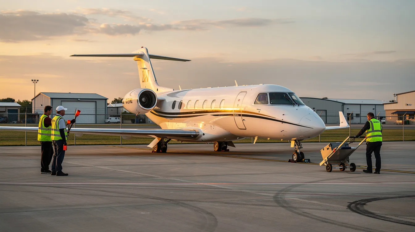 A small private jet is parked on a quiet general aviation ramp, with ground crew members nearby attending to the aircraft. The scene reflects a serene atmosphere typical of private aviation settings, highlighting the exclusivity and personal nature of private flights.