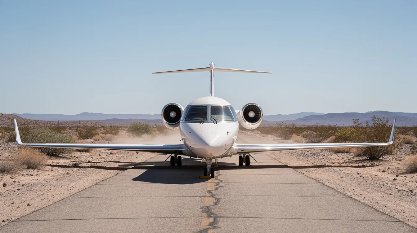 A private jet is taxiing along a small desert airstrip, surrounded by dry scrub vegetation typical of the Mojave Desert, an area known for its proximity to Edwards Air Force Base and its significance in aviation and flight testing. The scene captures the essence of aviation development and research in Southern California.