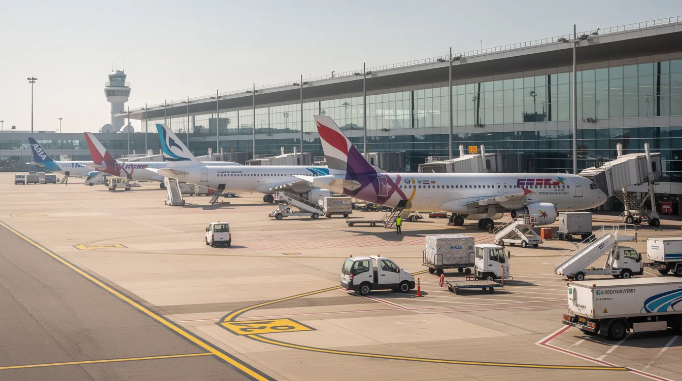 The image depicts a busy commercial airport terminal exterior with several passenger aircraft parked at various gates, illustrating the hustle and bustle of air travel. This scene reflects America's commercial aerospace industry and the operational capabilities of nearby airports such as Los Angeles International Airport and Ontario International Airport.