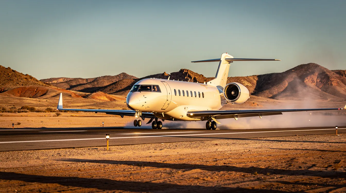 A sleek midsize private jet is landing on a runway, with arid desert hills in the background, near Edwards Air Force Base in Southern California. This scene captures the essence of aviation and flight testing in a region known for its historical significance in America's commercial aerospace industry.
