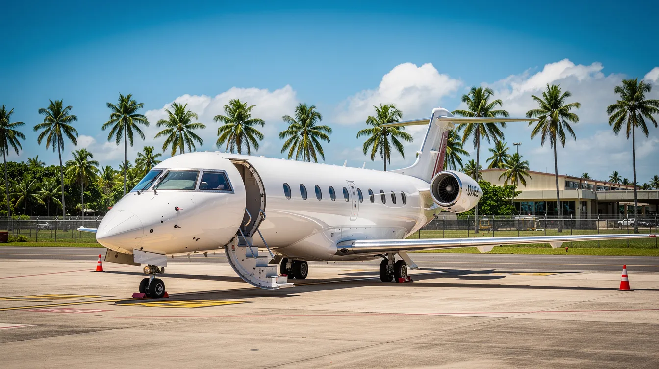 A small regional jet is parked on the sunny tarmac of an airport, surrounded by palm trees, evoking a tropical atmosphere. This scene captures the essence of a Caribbean island, likely close to destinations like Anguilla or St. Maarten, with the aircraft ready for scheduled flights to various locations.