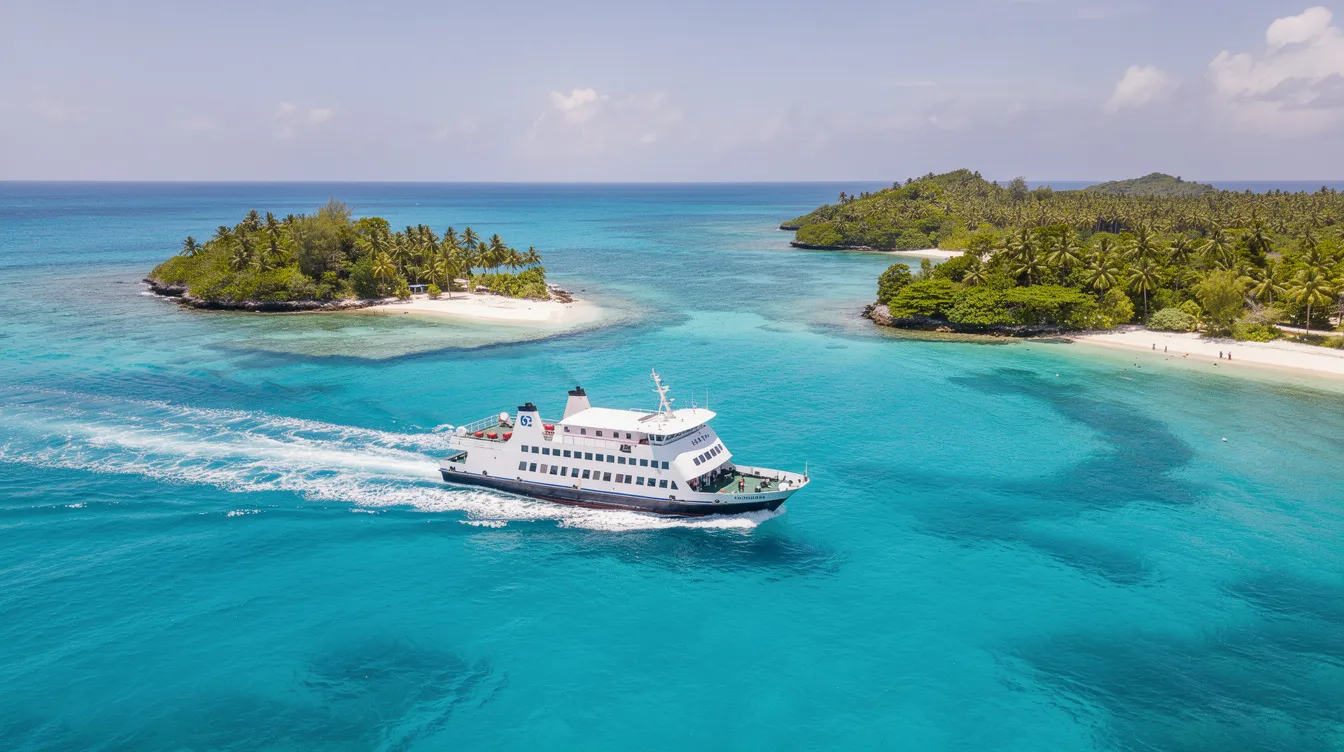 A ferry boat glides through bright turquoise Caribbean waters, connecting two lush green islands, likely in the vicinity of Anguilla or St. Maarten. The scene captures the serene beauty of island life, perfect for travelers arriving at nearby airports like Lloyd International or Princess Juliana International.