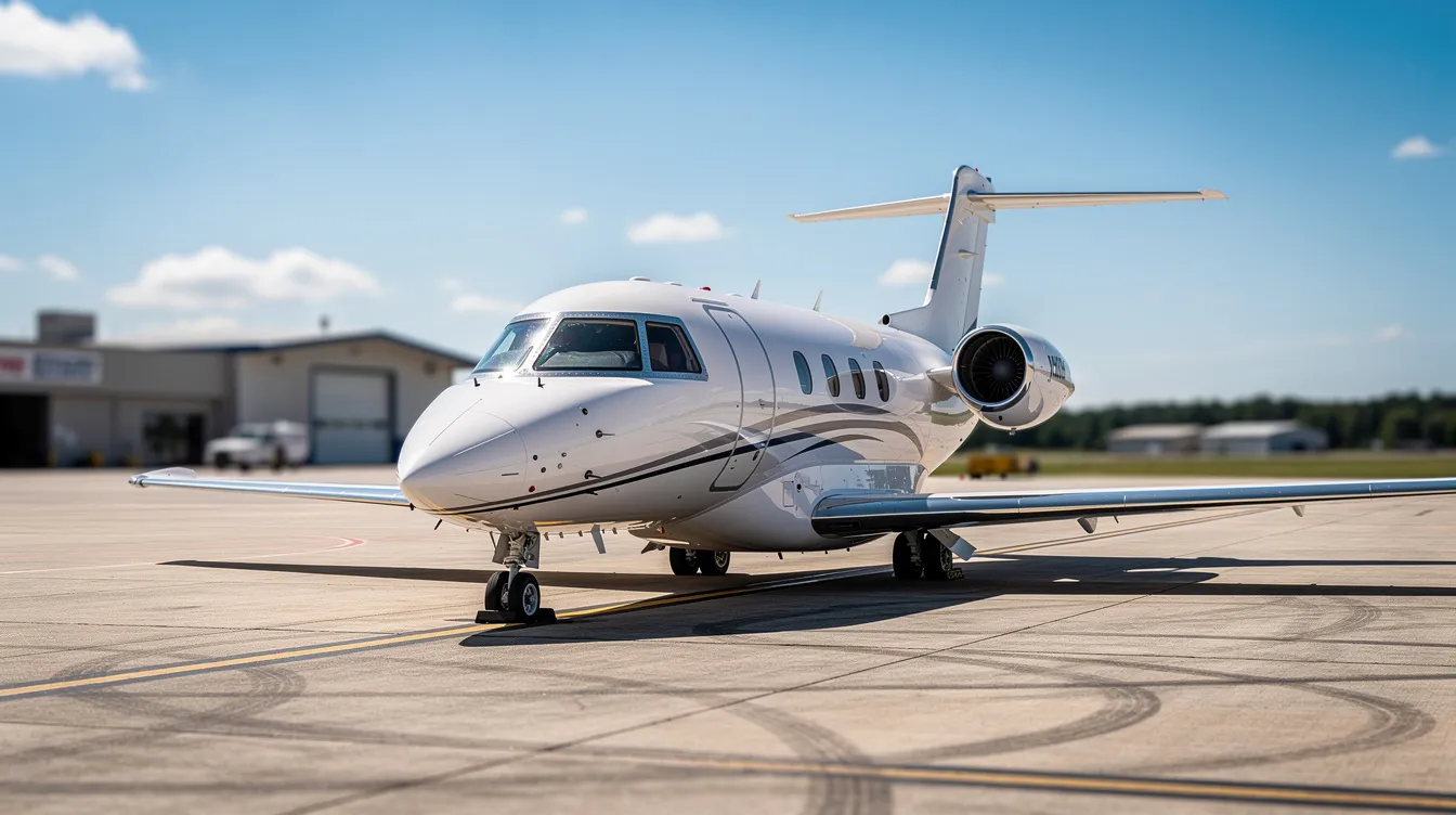 A midsize private jet is parked on a small airport ramp under a clear blue sky, showcasing a tranquil scene typical of Caribbean locations like Anguilla. The jet's sleek design contrasts with the sunny backdrop, hinting at the luxury travel options available at international airports such as Lloyd International Airport and Princess Juliana International Airport.