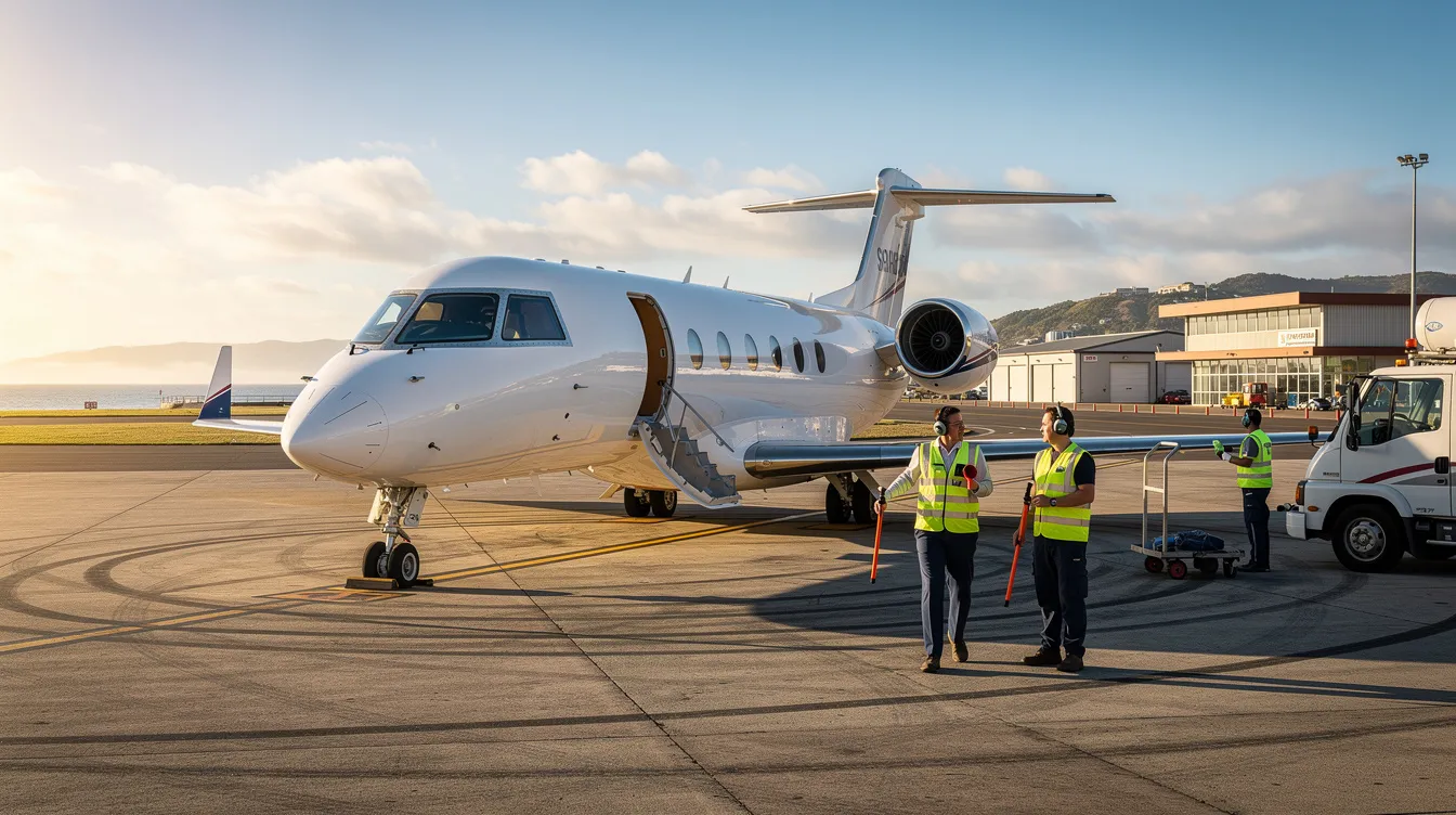 A private jet is parked on the tarmac at Quonset State Airport, located in North Kingstown, Rhode Island, with ground crew members nearby attending to the aircraft. The scene captures the essence of aviation service, with the backdrop of Narragansett Bay and a hint of military presence from the nearby Army Aviation Support Facility.