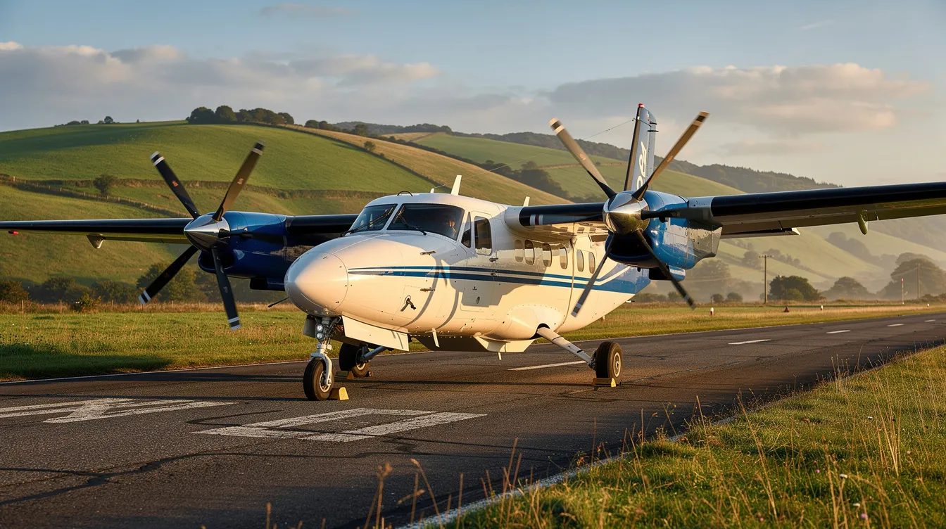 A small twin-engine turboprop aircraft is parked on a rural runway at Wasco State Airport, with lush green hills in the background, indicating a serene aviation setting in Kern County, California. The runway appears to be in fair condition, suitable for aircraft operations during the summer season.