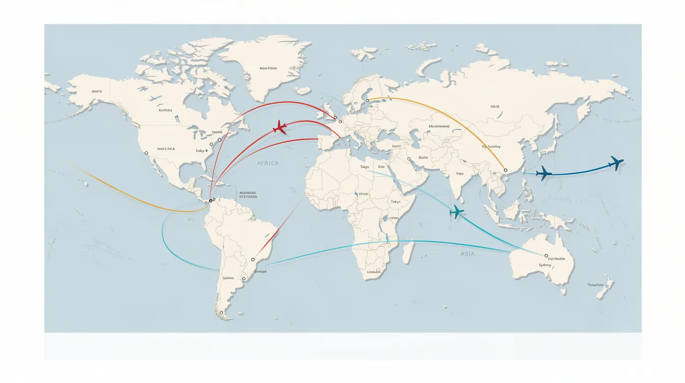 The image depicts a world map featuring illustrated flight route arcs that connect major continents, symbolizing international travel and airline connections. This visual representation highlights the various paths for booking flights and the importance of planning ahead for the best flight deals and prices.