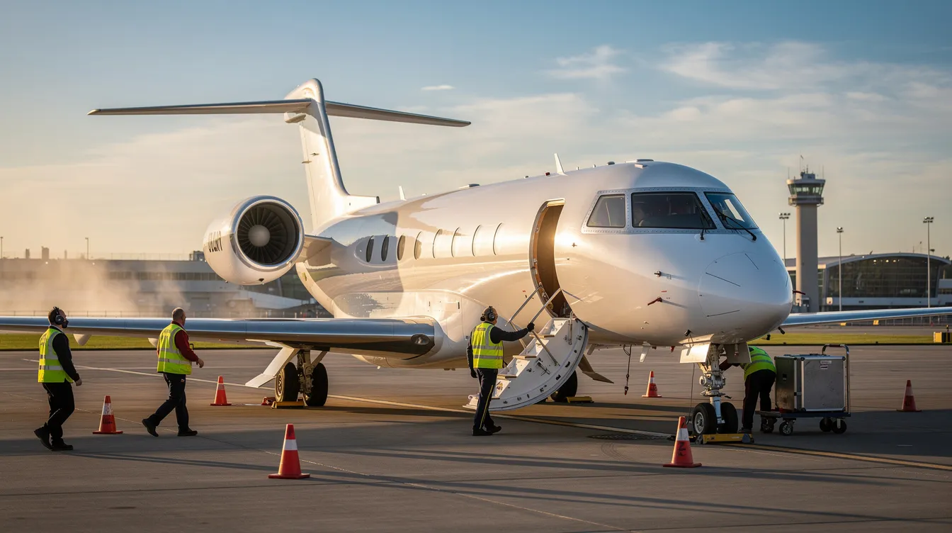 A private jet is parked on a tarmac, with ground crew members diligently preparing for its departure. This scene captures the essence of luxury air travel, highlighting the meticulous planning often involved in booking international flights and securing the best deals on airline tickets.