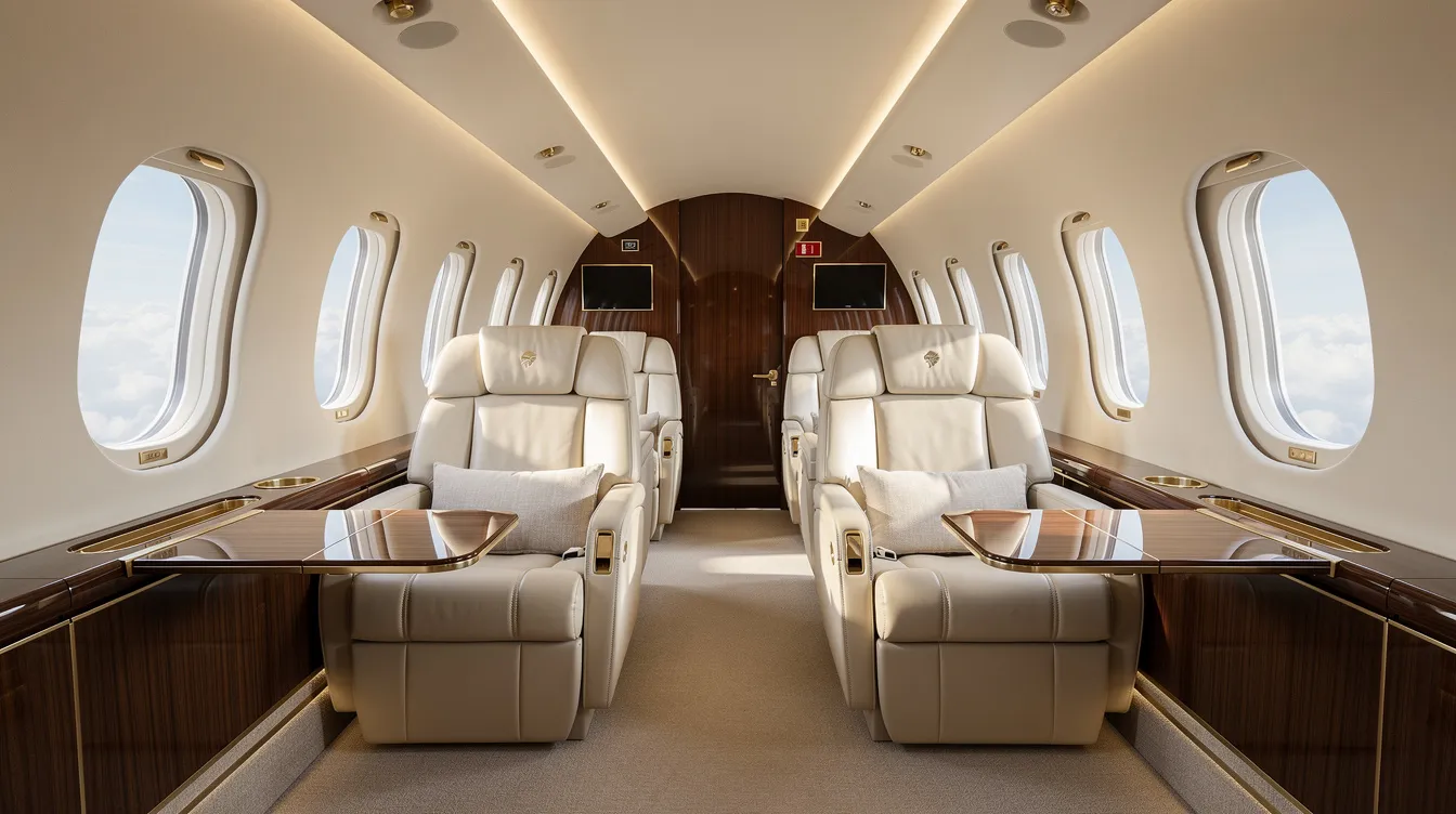 The image depicts the luxurious interior of a private jet cabin, featuring plush leather seats and large windows that allow natural light to fill the space, creating an inviting atmosphere for travelers. This opulent setting is ideal for those seeking the best deals on airline tickets and planning their next flight, whether for business or leisure.
