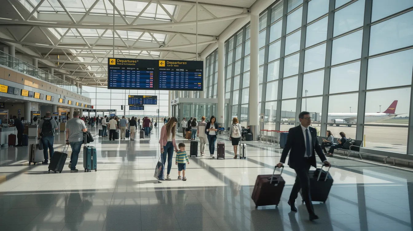 The image depicts a bustling airport terminal filled with travelers navigating through a sleek, modern concourse, where many are likely looking to book flights, find cheap flights, or take advantage of airline sales. The scene captures the excitement and activity of air travel, as people prepare for both domestic and international flights.